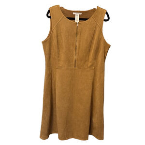 Chic Tan Sleeveless Midi Dress with Suede Feel and Front Zipper